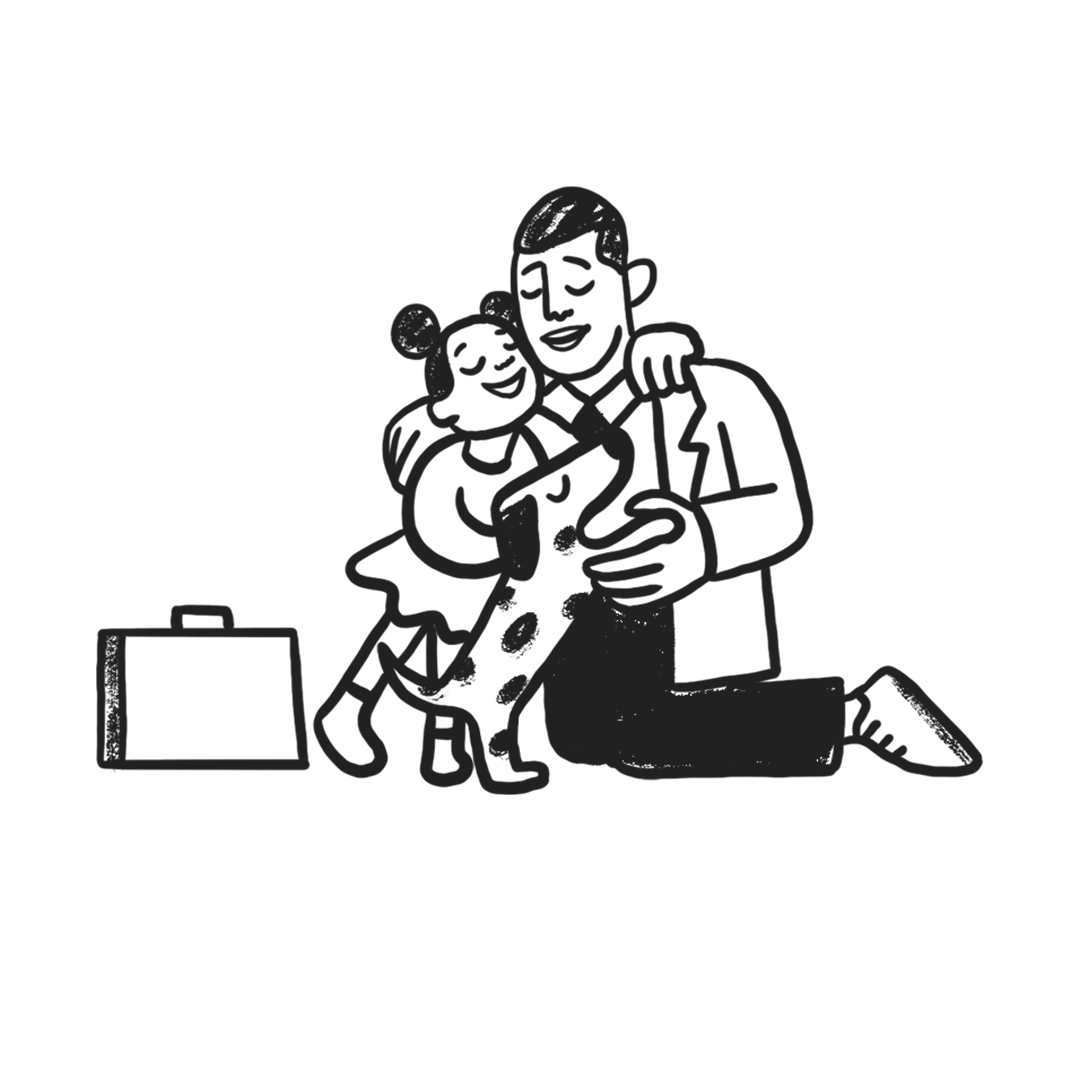 Family of a man, girl and dog hugging